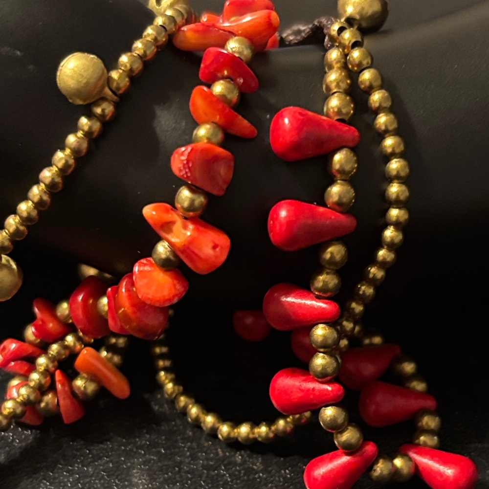 Boho Red and Gold Beaded Bracelet Cha Cha bracelet Stone chip bracelet